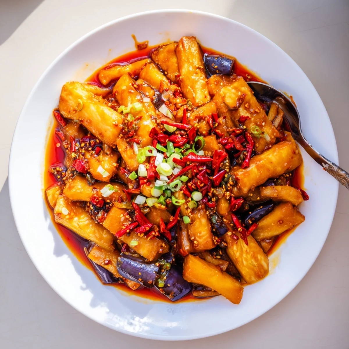 Sichuan Style Braised Aubergines tender eggplant batons in aromatic chili oil