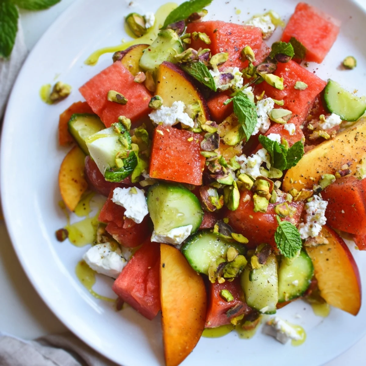 Chilled Summer Peach Watermelon Salad plated with toasted pistachios and bright basil