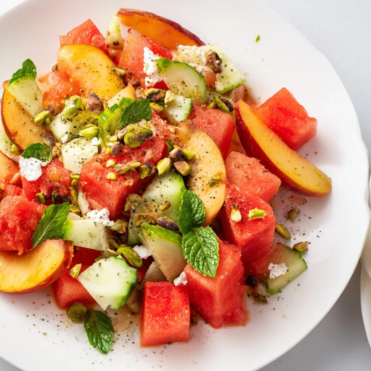 Summer Peach Watermelon Salad with crumbled feta, mint, and honey-lime dressing