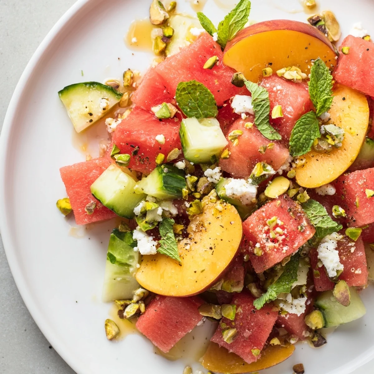 Vibrant Summer Peach Watermelon Salad topped with torn mint and honey-lime drizzle