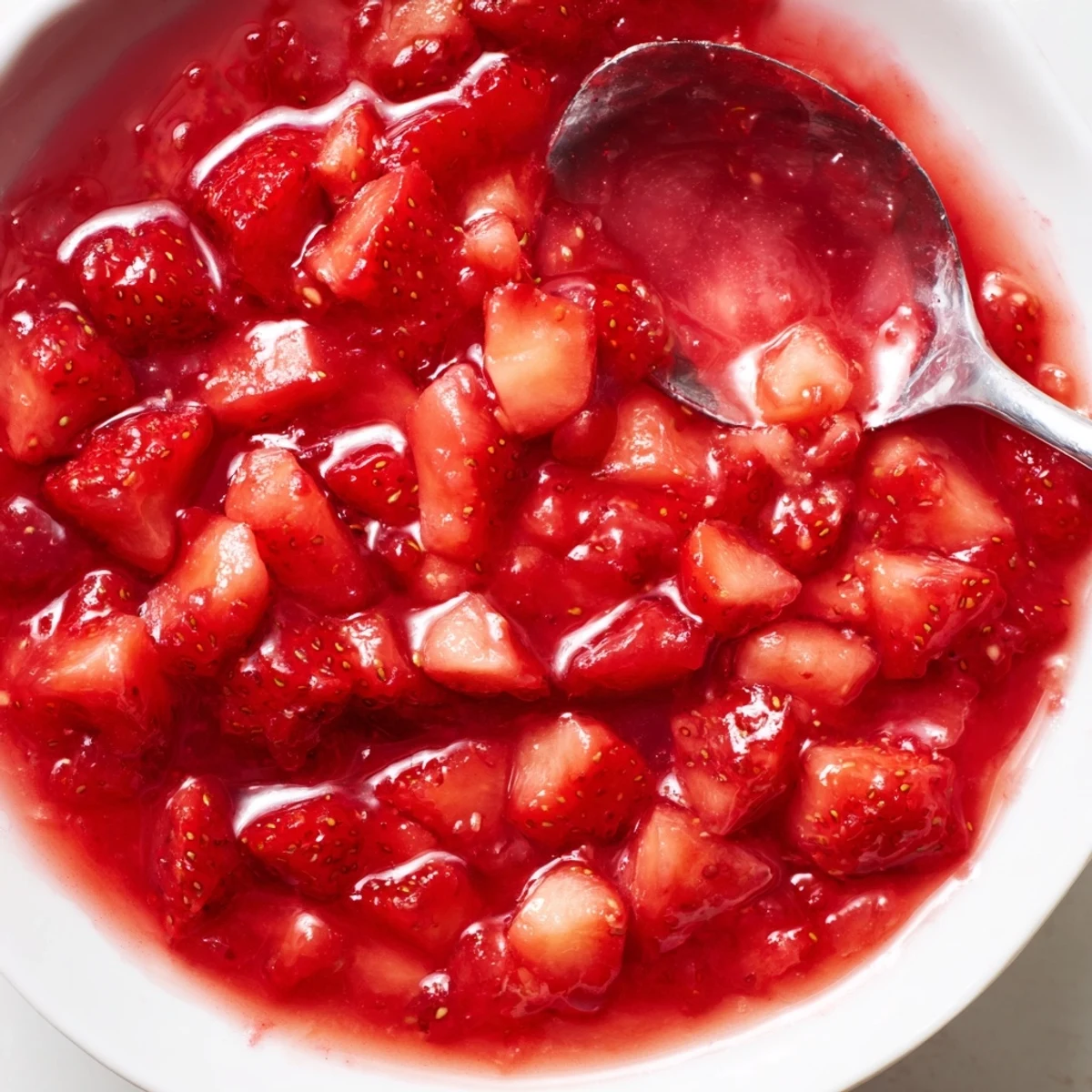 Strawberry Cake Filling Recipe showing glossy, ruby-red filling cooling in saucepan