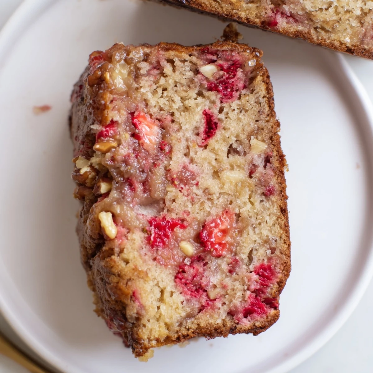 Warm Strawberry Banana Bread Recipe cooling on rack, strawberries glistening, steam rising