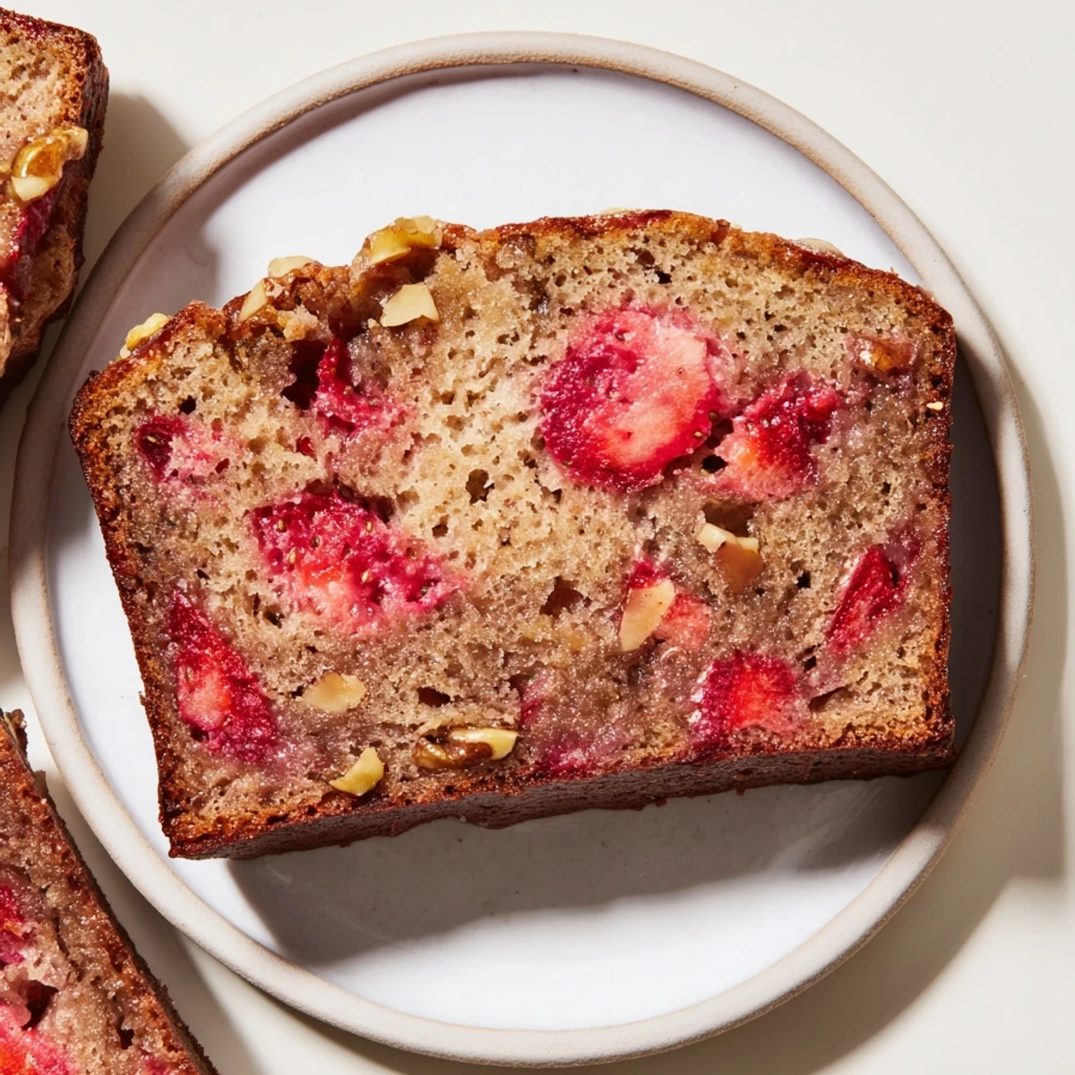 Fresh-baked Strawberry Banana Bread Recipe arranged for breakfast, juicy strawberry pockets visible