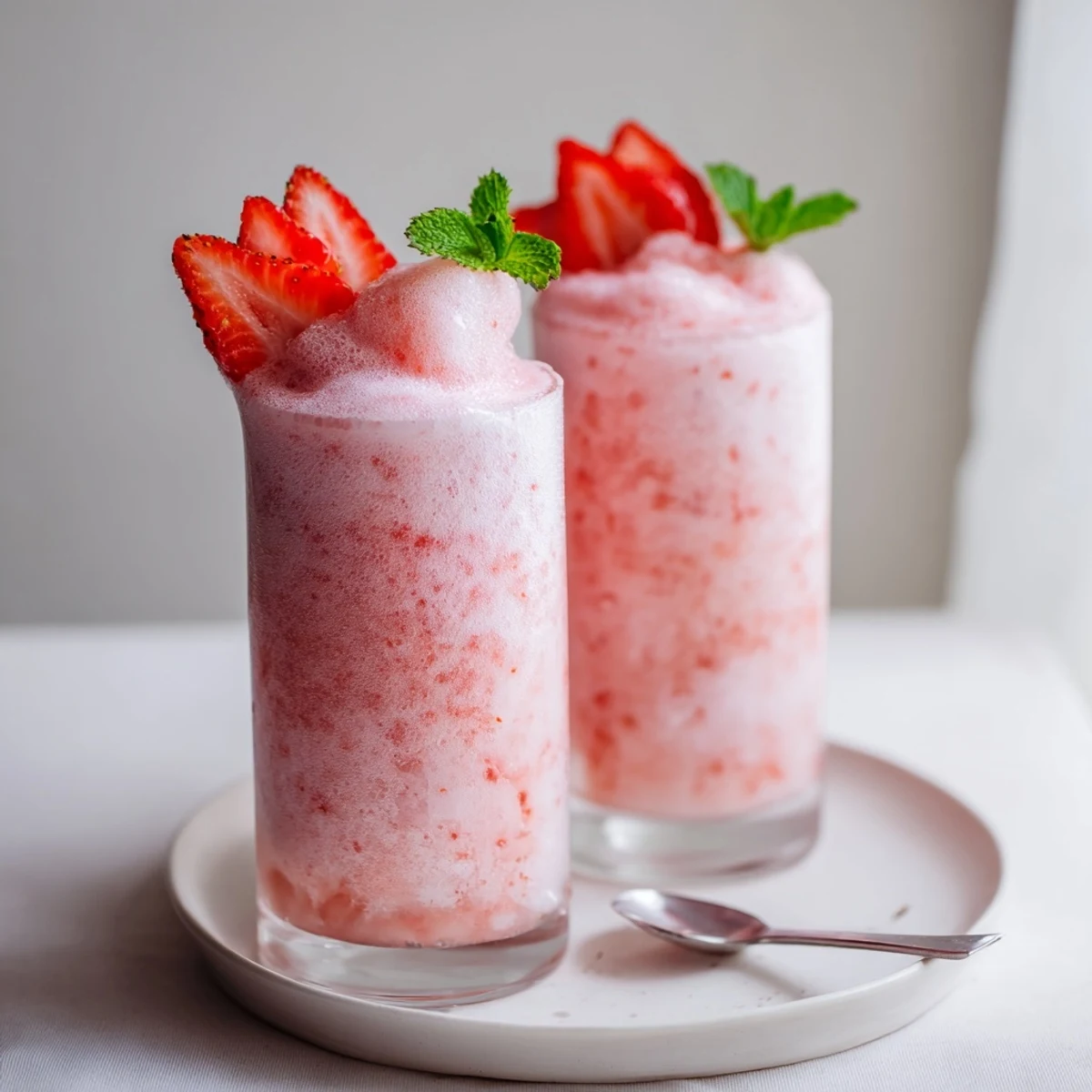 Chilled Strawberry Coconut Cooler Recipe in tall glass with mint garnish
