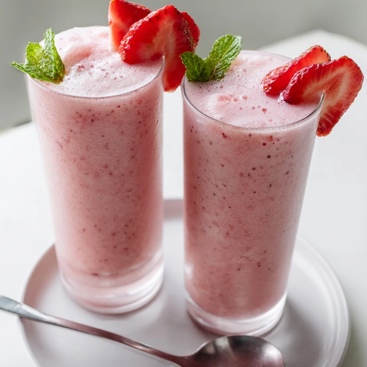 Frothy Strawberry Coconut Cooler Recipe blended with crushed ice, bright lime