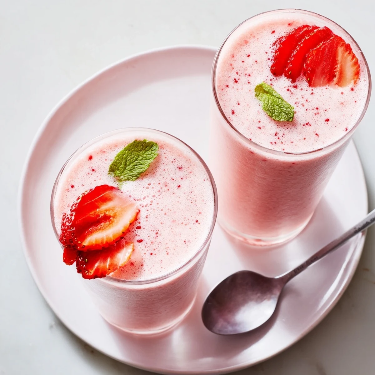 Creamy pink Strawberry Coconut Cooler Recipe served chilled with strawberry slices