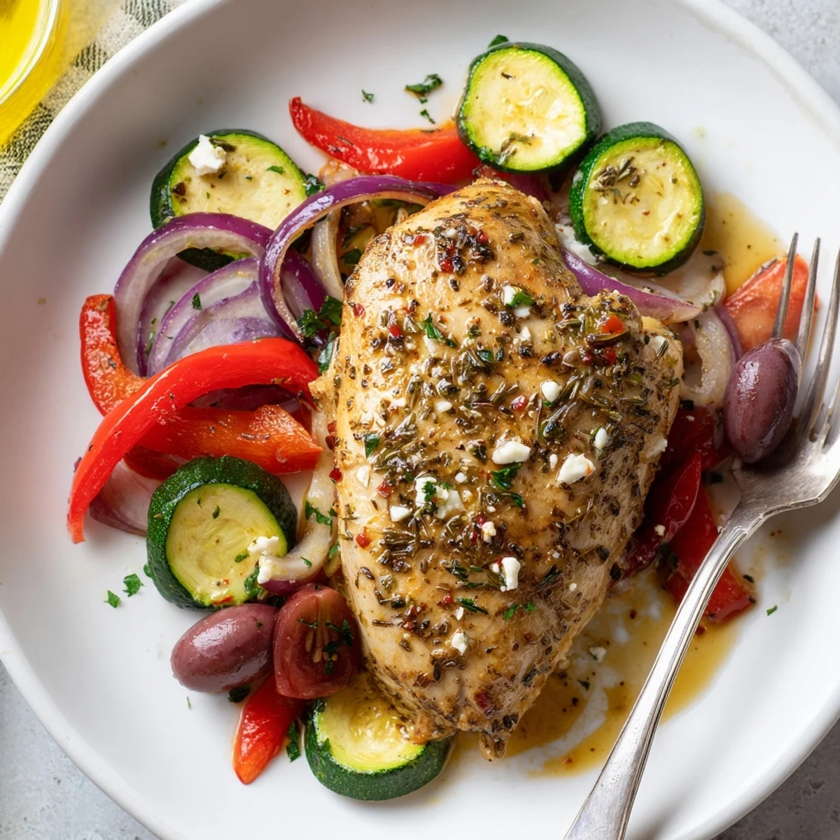 Roasted golden vegetables and juices surround Sheet Pan Mediterranean Chicken Zucchini, ready-to-serve.