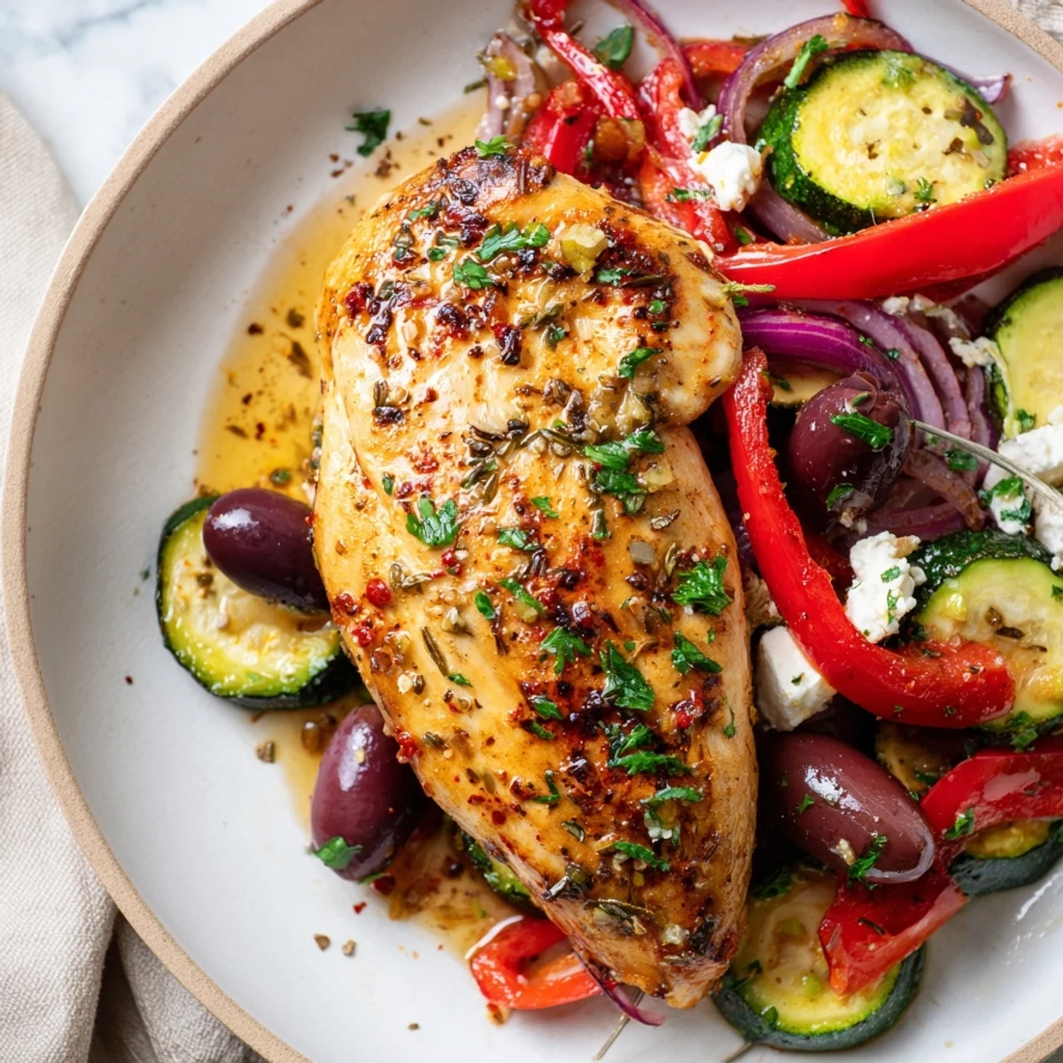 Sheet Pan Mediterranean Chicken Zucchini with lemony garlic glaze, olives, and melting feta.