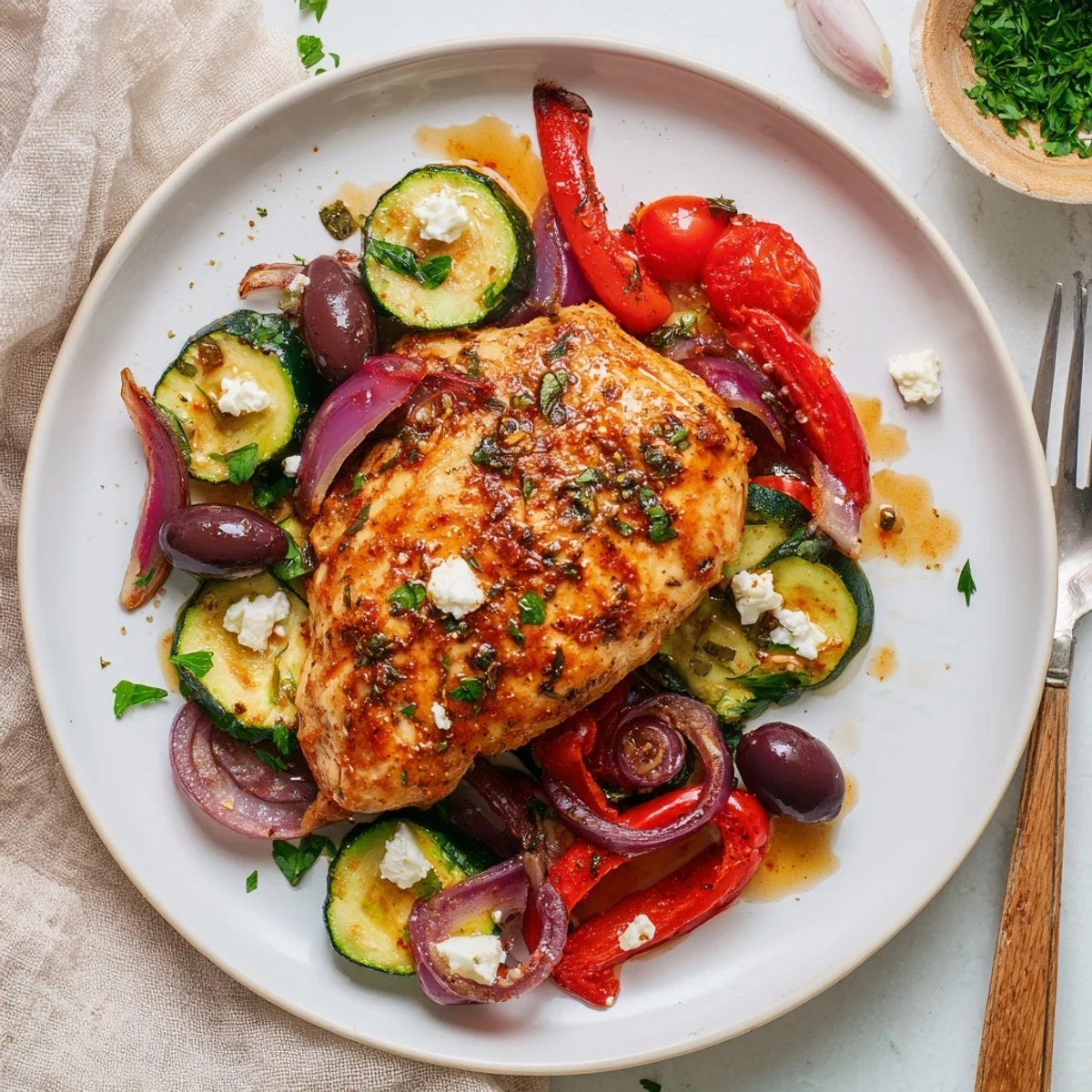Fresh herbs and charred zucchini frame Sheet Pan Mediterranean Chicken Zucchini, oven-roasted.