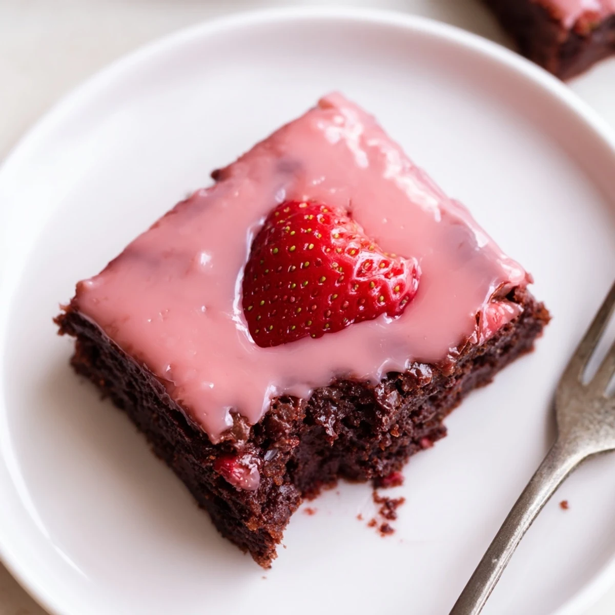 Strawberry Brownies Recipe showing fudgy squares topped with glossy strawberry glaze