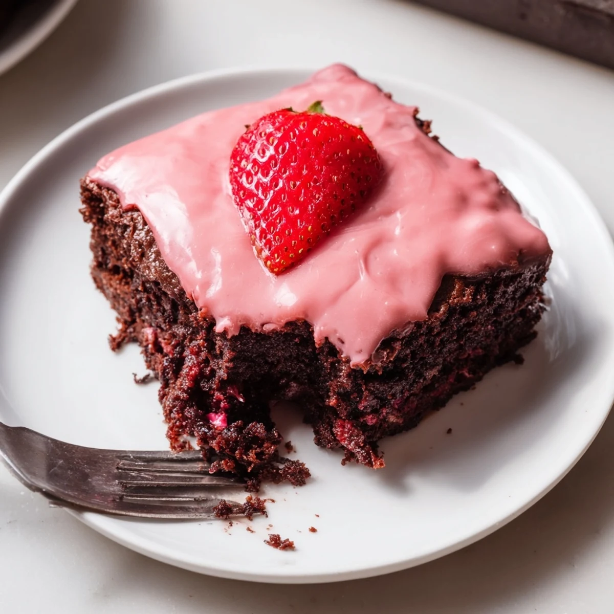 Plated Strawberry Brownies Recipe alongside whipped cream and fresh sliced strawberries