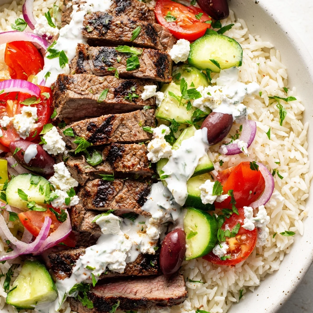 Colorful Mediterranean steak bowl featuring tender sliced steak over lemon rice with crisp veggies and feta