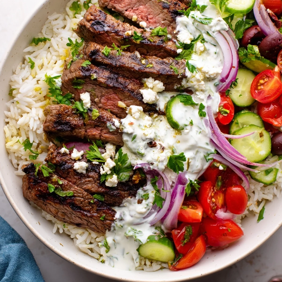 Mediterranean steak bowl with juicy grilled meat, fresh vegetables, herby rice, and tangy yogurt sauce