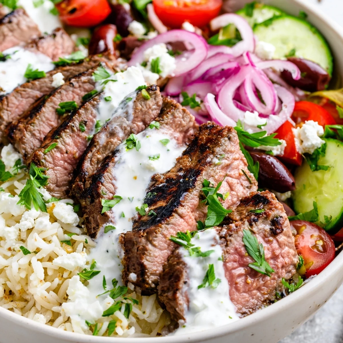 Hearty Mediterranean steak bowl packed with spiced grilled steak, cherry tomatoes, olives, and creamy dill sauce