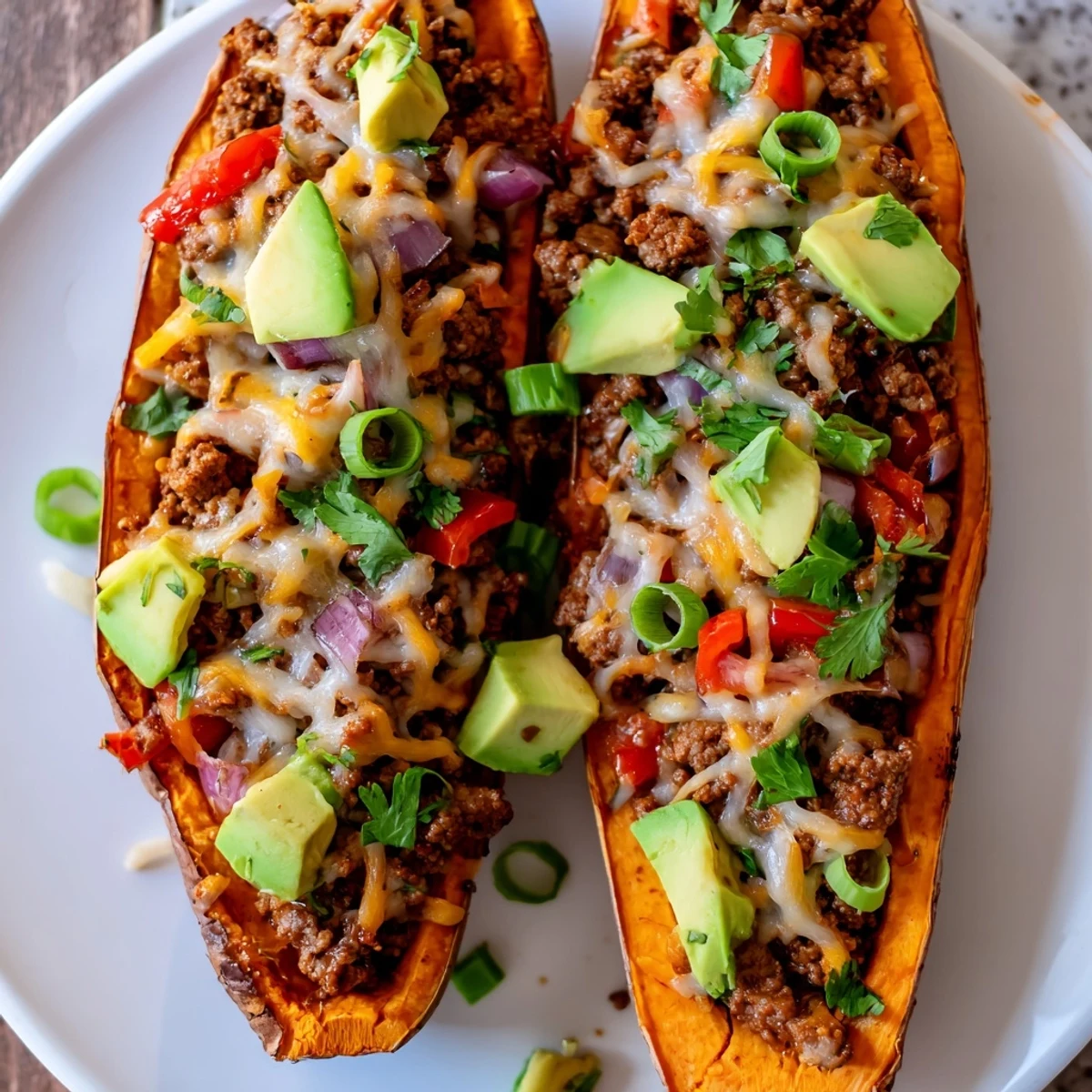 Roasted sweet potato halves loaded with spicy-sweet ground beef and topped with melted cheese, cilantro, and fresh avocado slices
