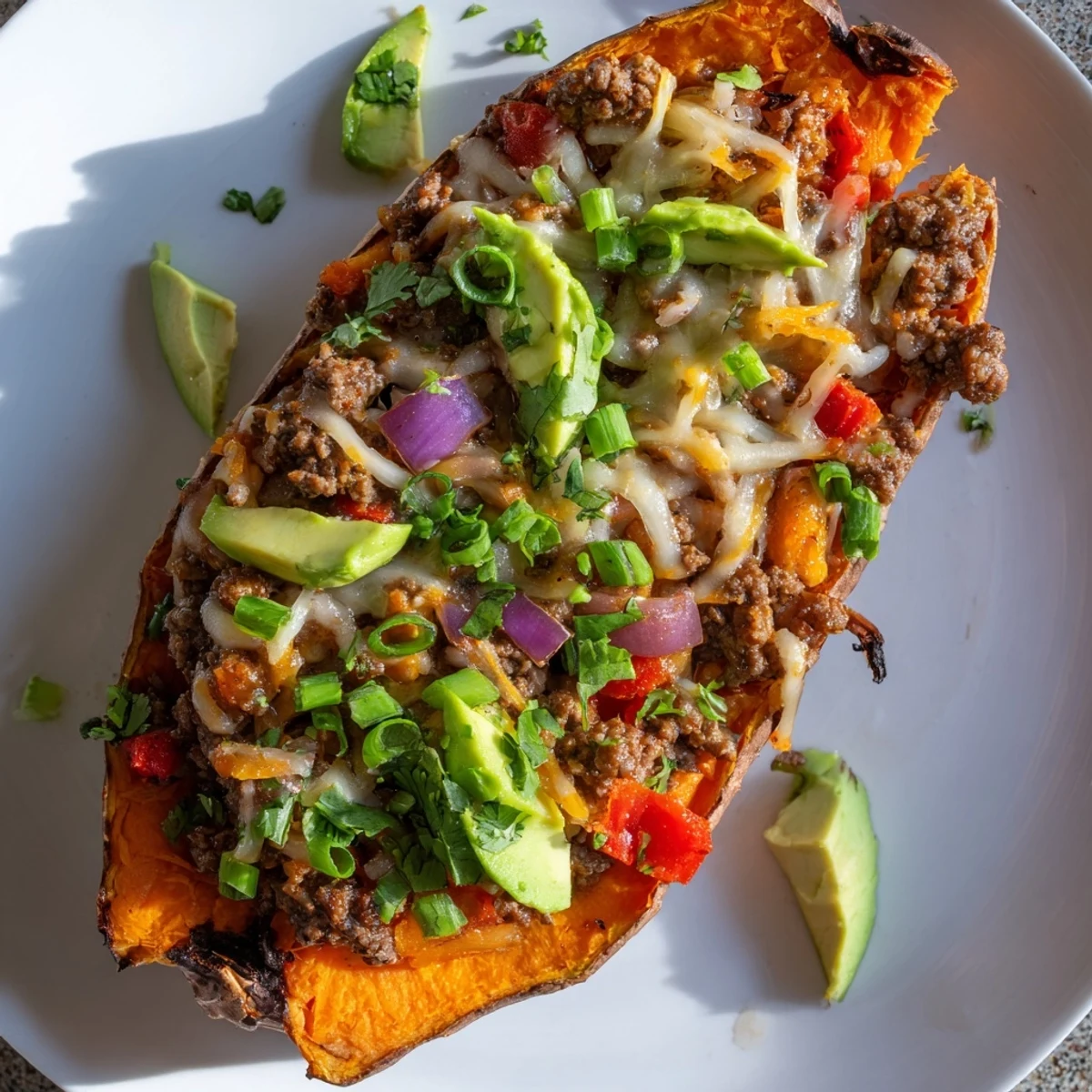 Whole sweet potatoes stuffed with savory seasoned beef and colorful bell peppers, drizzled with spicy honey and finished with fresh herbs