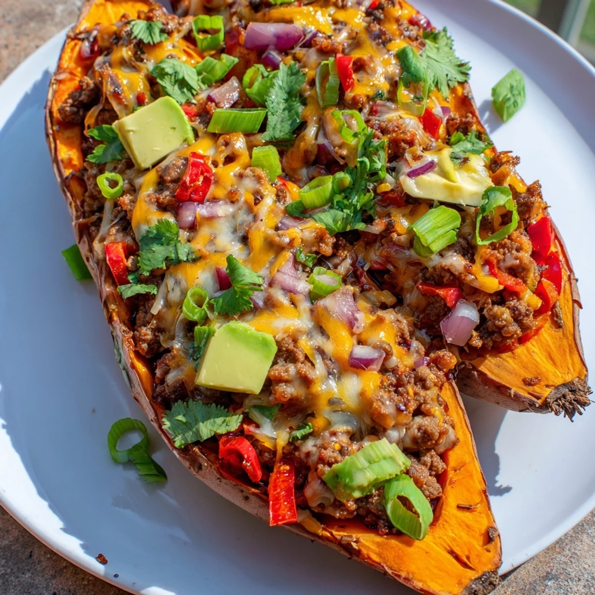Golden baked sweet potato boats filled with hot honey glazed ground beef mixture, garnished with green onions and creamy avocado
