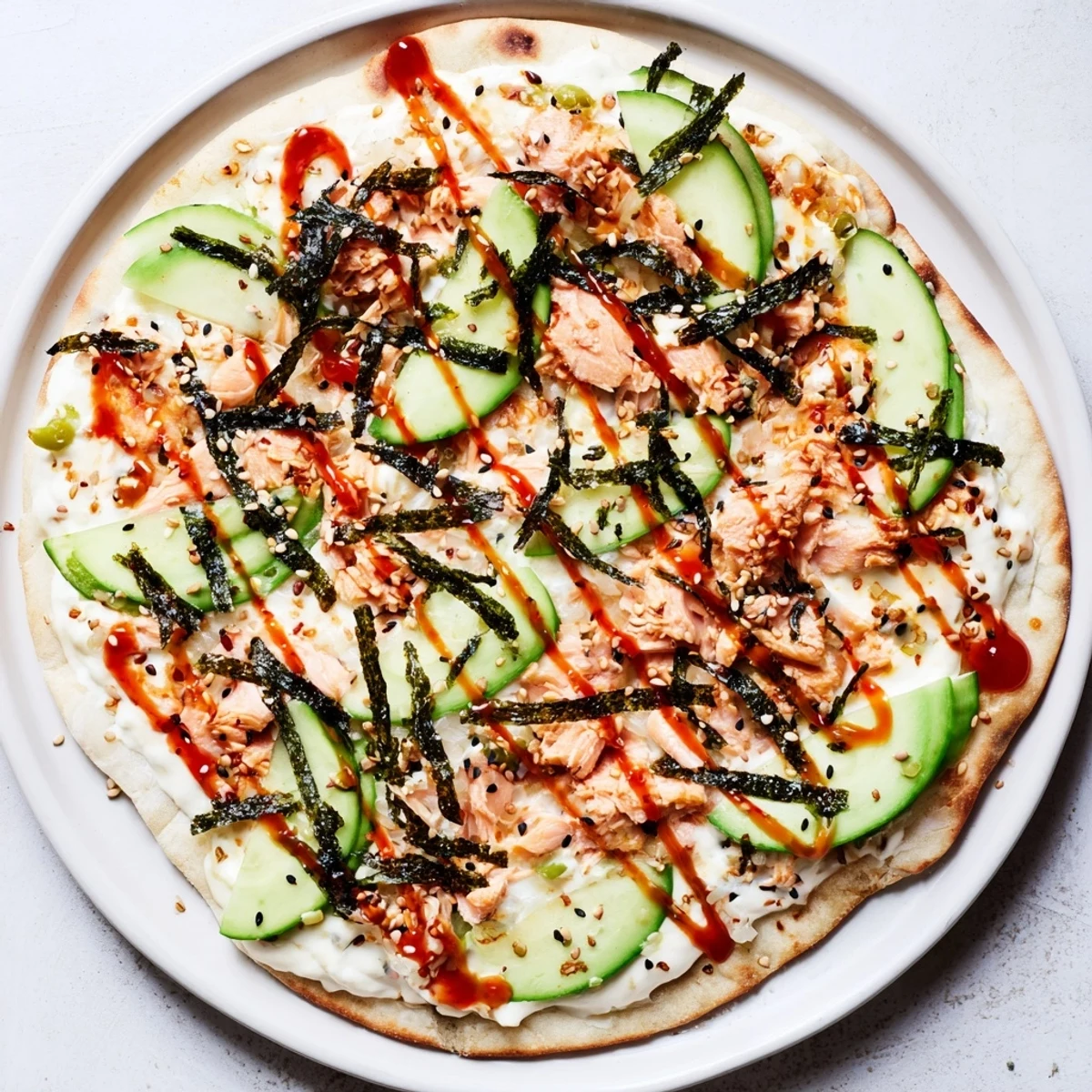 Crispy flatbread layered with creamy salmon sushi rice mixture, melted mozzarella, and vibrant nori strips