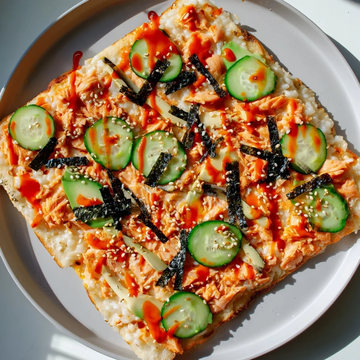 Fusion salmon sushi bake pizza bubbling with cheese, garnished with sliced avocado and bold spicy sauce