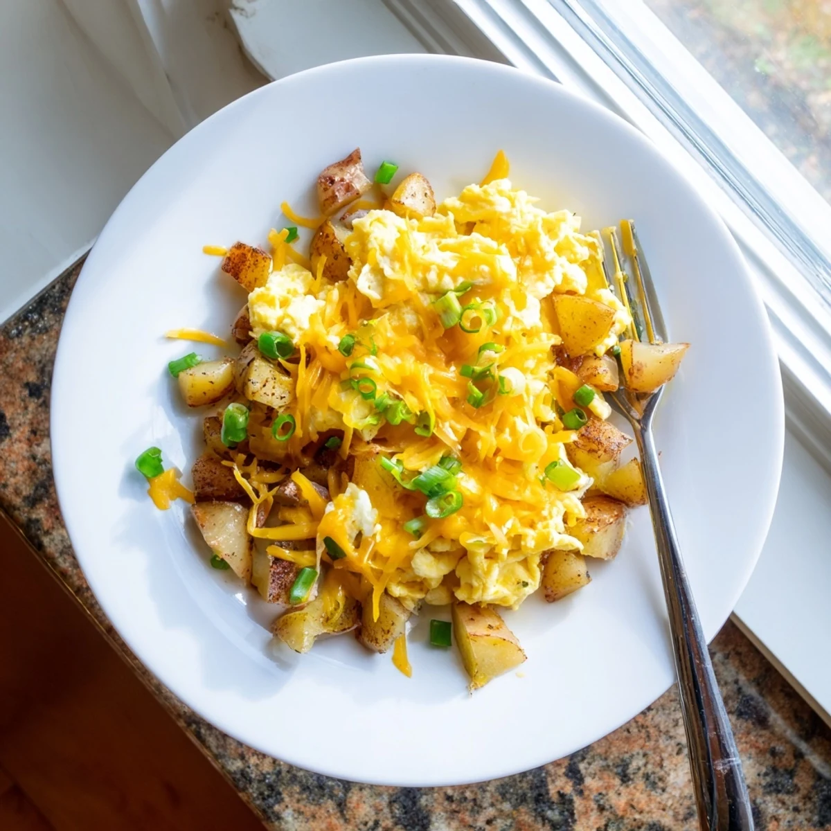 Golden cheesy potato egg scramble in a skillet with melted cheddar and soft curds