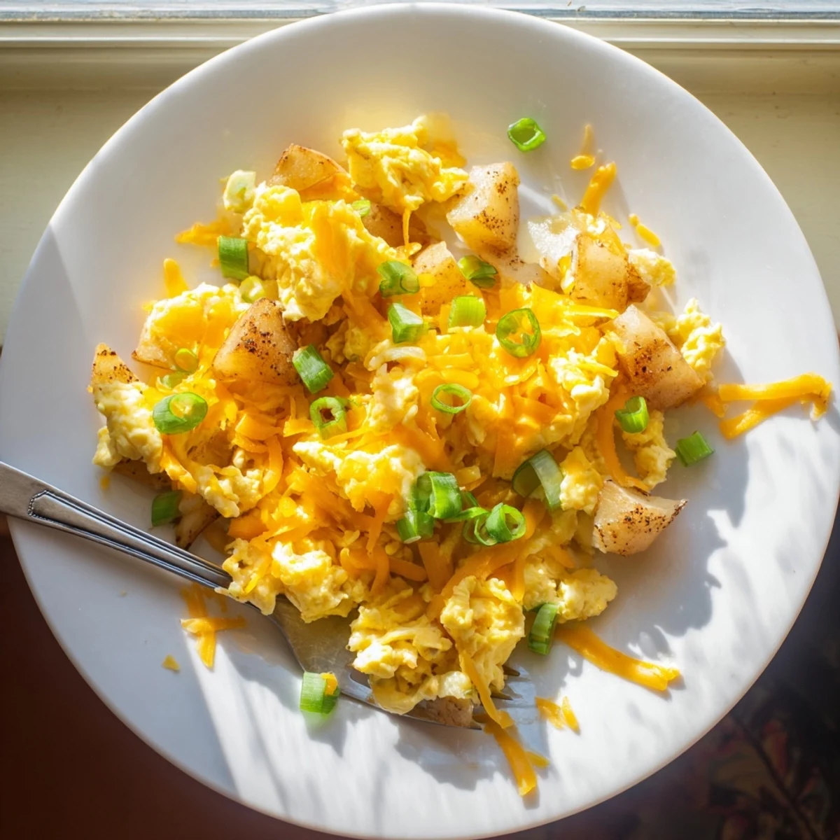 Hearty breakfast of scrambled eggs with tender potatoes and melted cheddar cheese garnished with chives