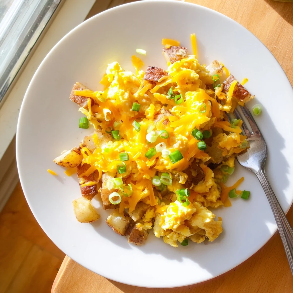 Plate of cheesy potato egg scramble featuring fluffy eggs and golden brown potato cubes