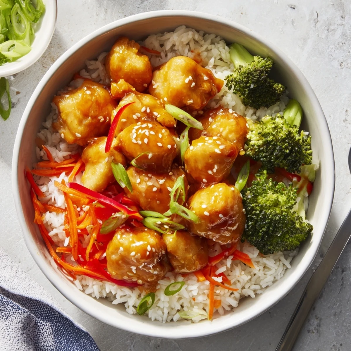 Golden orange glazed chicken rice bowl with steamed vegetables and glossy sauce