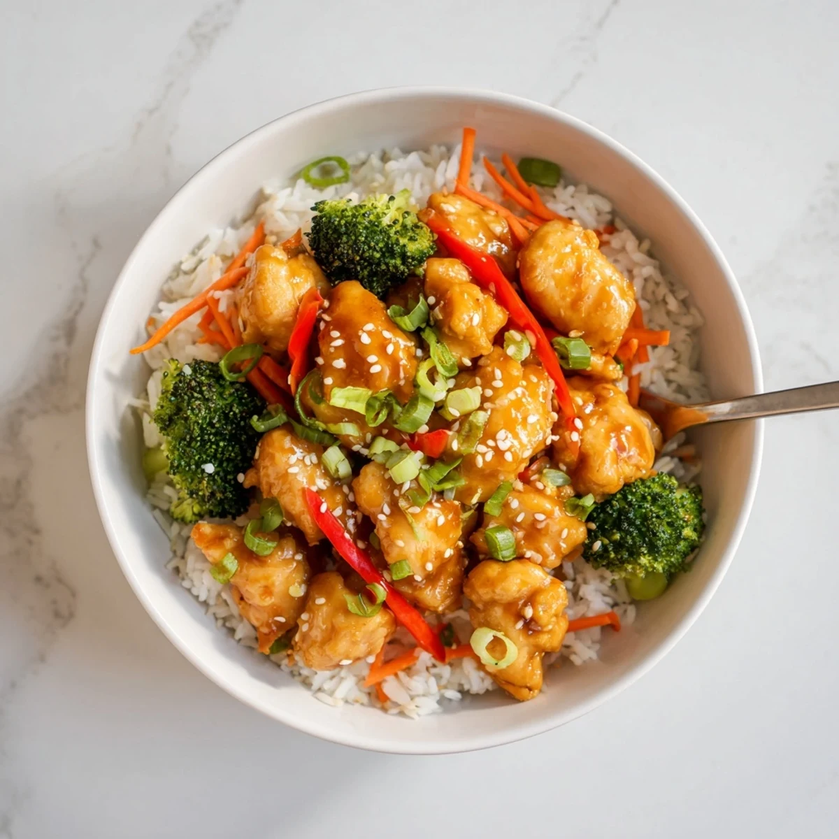 Asian-inspired orange glazed chicken bowl featuring tender meat over fluffy jasmine rice