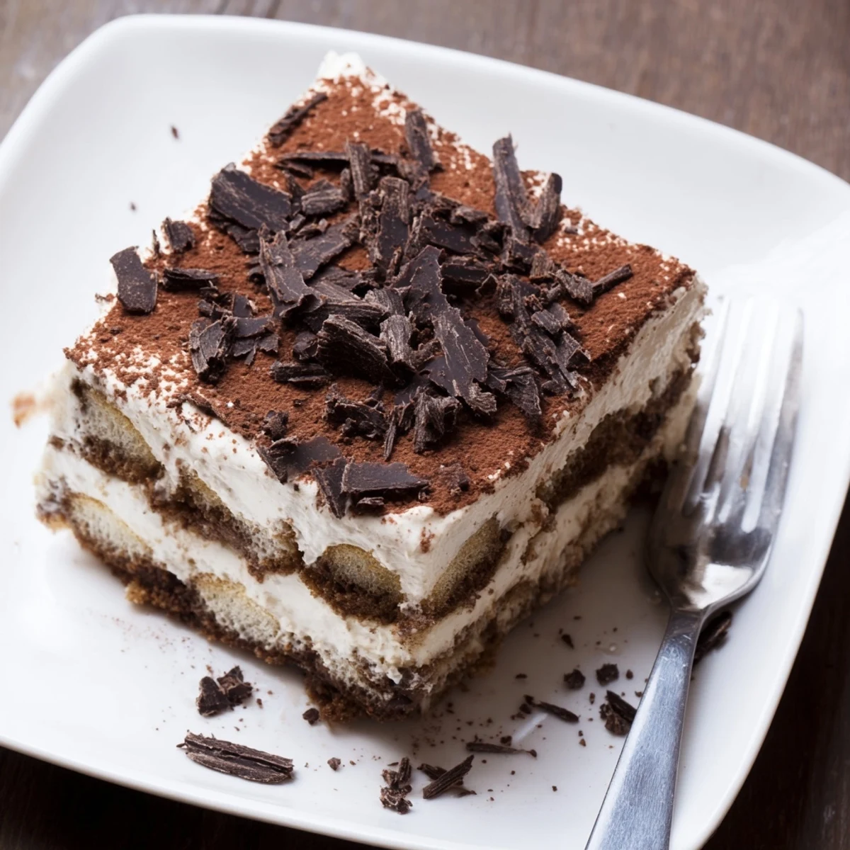Homemade Tiramisu recipe displaying coffee-dipped biscuits nestled between rich mascarpone cream layers with chocolate shavings
