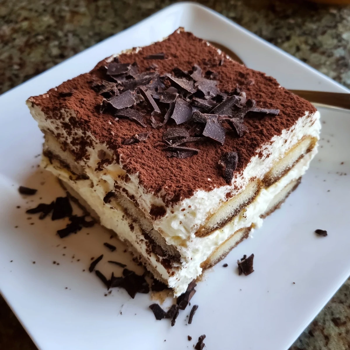 Italian Tiramisu recipe featuring a square slice revealing the beautiful layers of cream soaked ladyfingers and cocoa