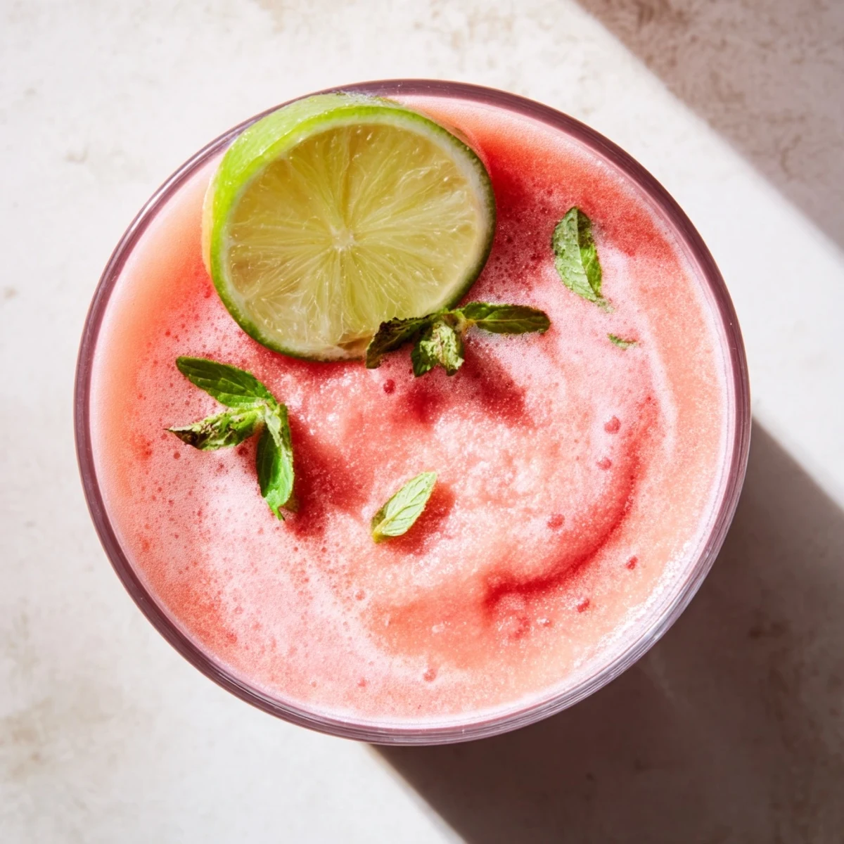 Pink Coconut Lime Watermelon Slushie in glass topped with fresh mint sprig