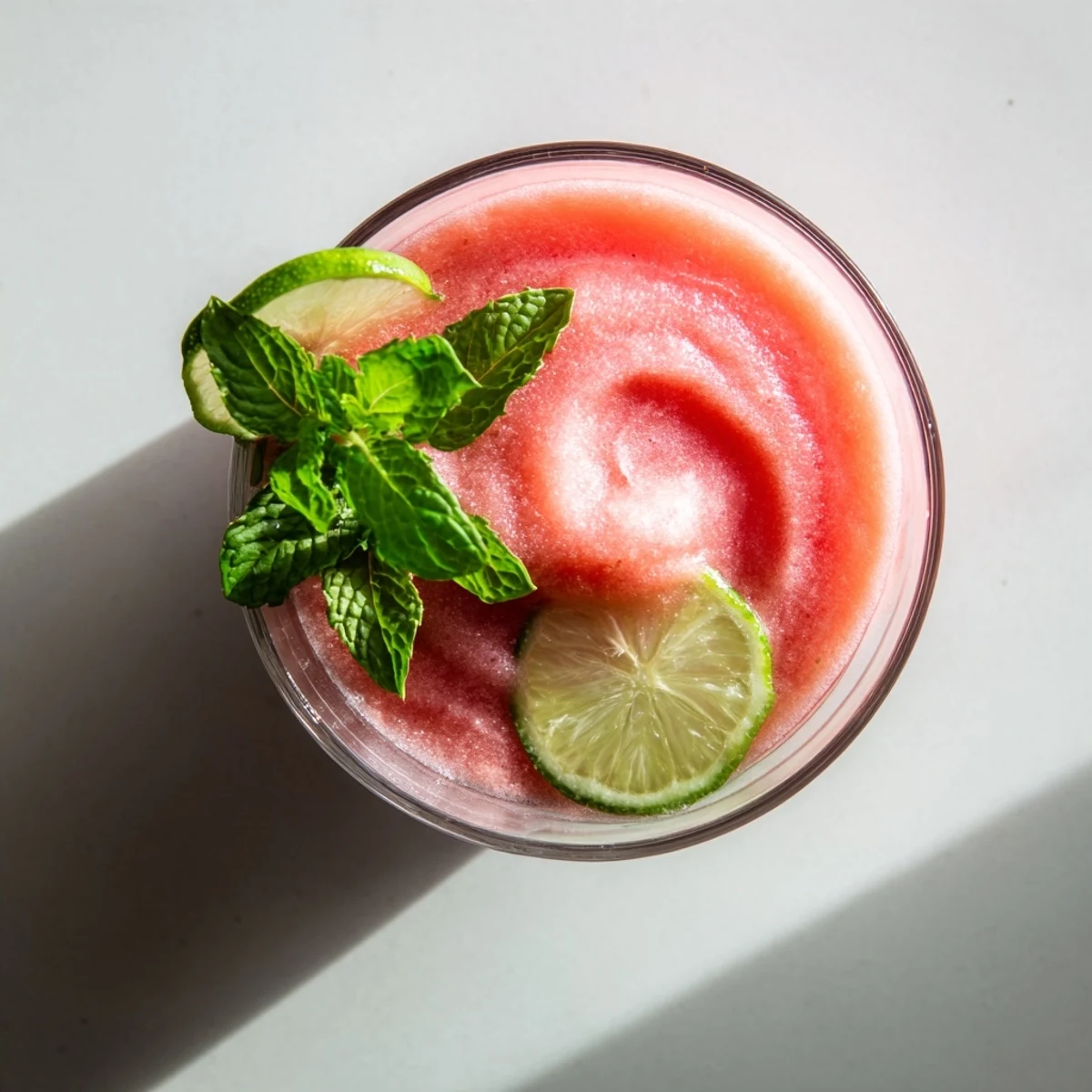 Refreshing frozen watermelon drink garnished with lime slice on sunny patio table