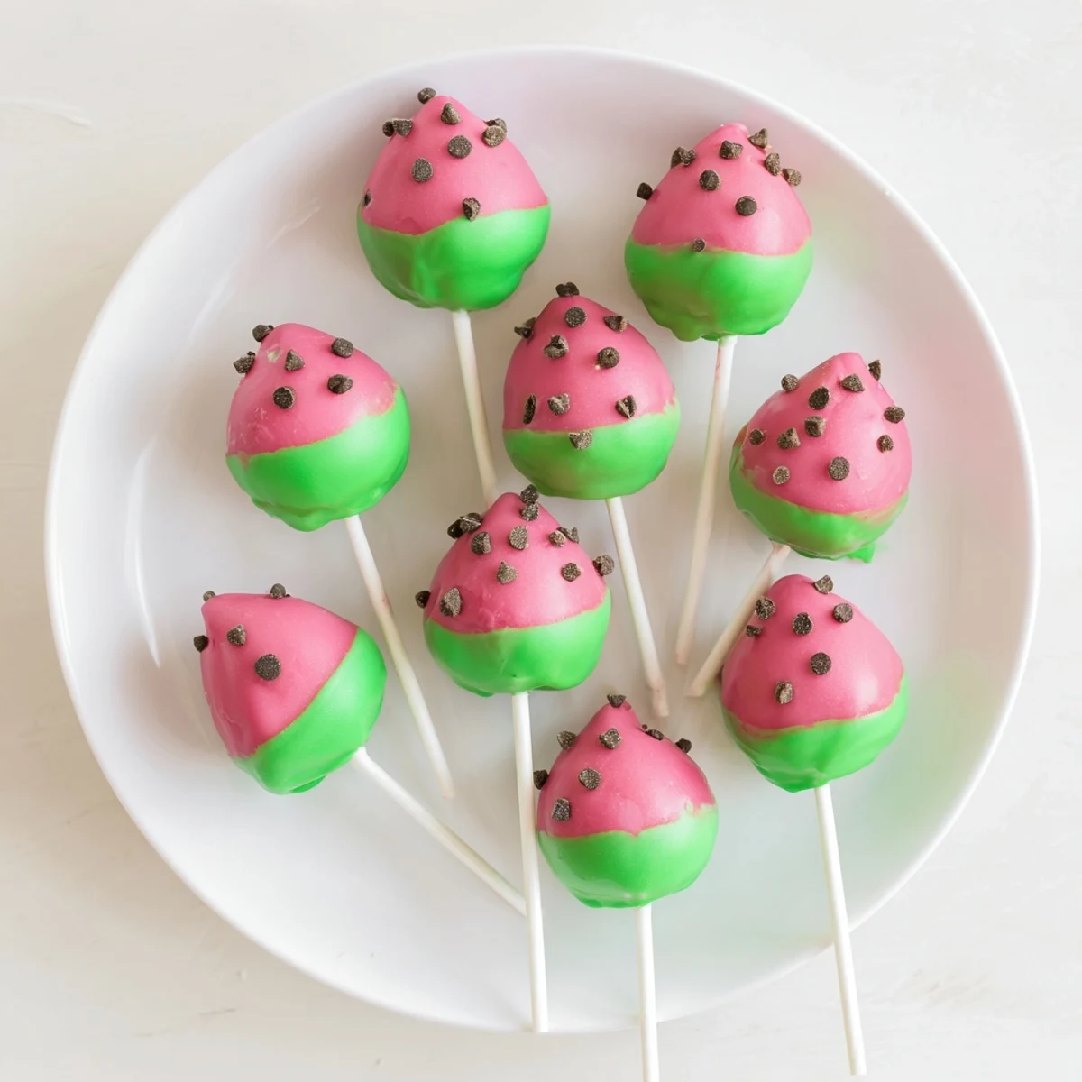Watermelon cake pops on lollipop sticks featuring pink red coating with chocolate chip seeds