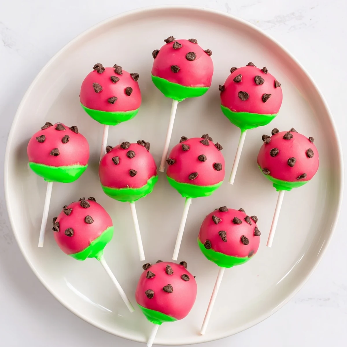 Pink watermelon cake pops with green rind displayed on a white serving platter