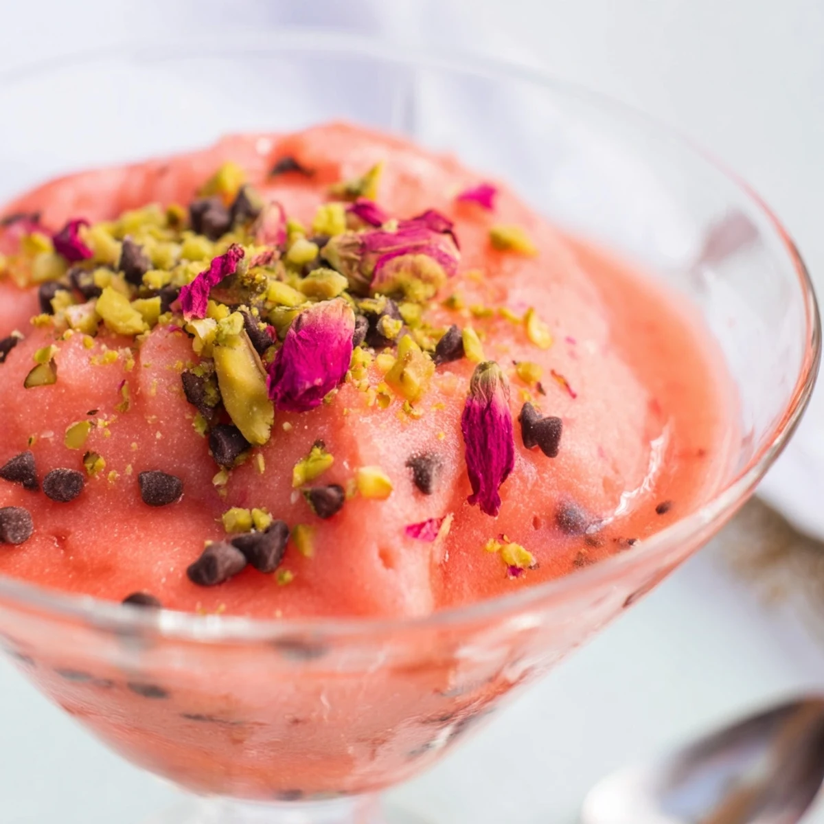 Chilled Sicilian watermelon pudding garnished with pistachios and chocolate chips in clear glass