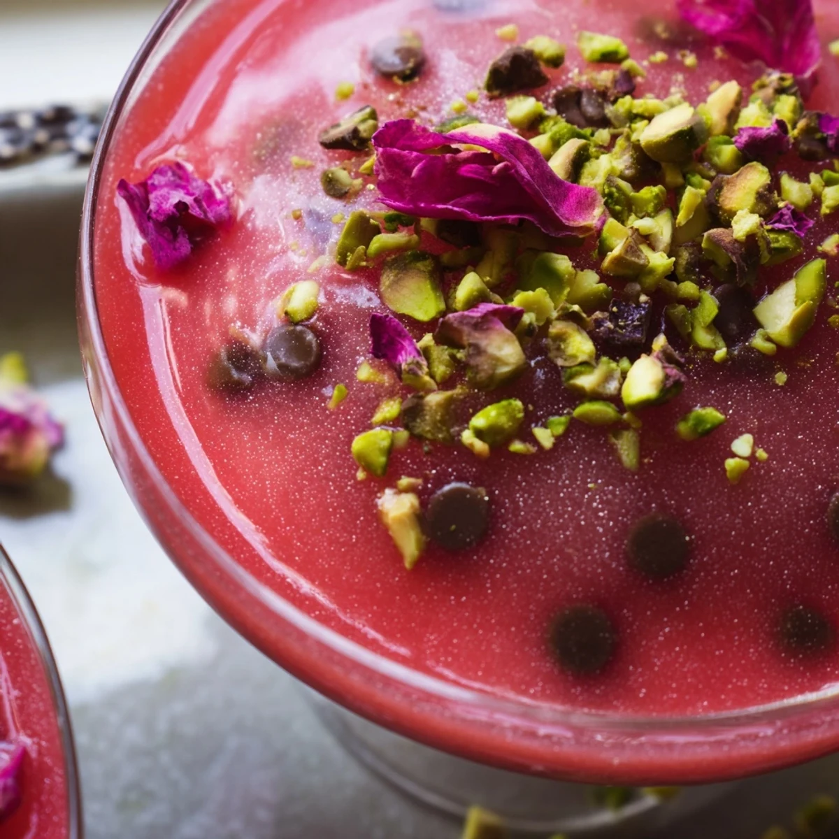 Traditional Gelo di Melone dessert with rose petals and chopped pistachios on white serving plate