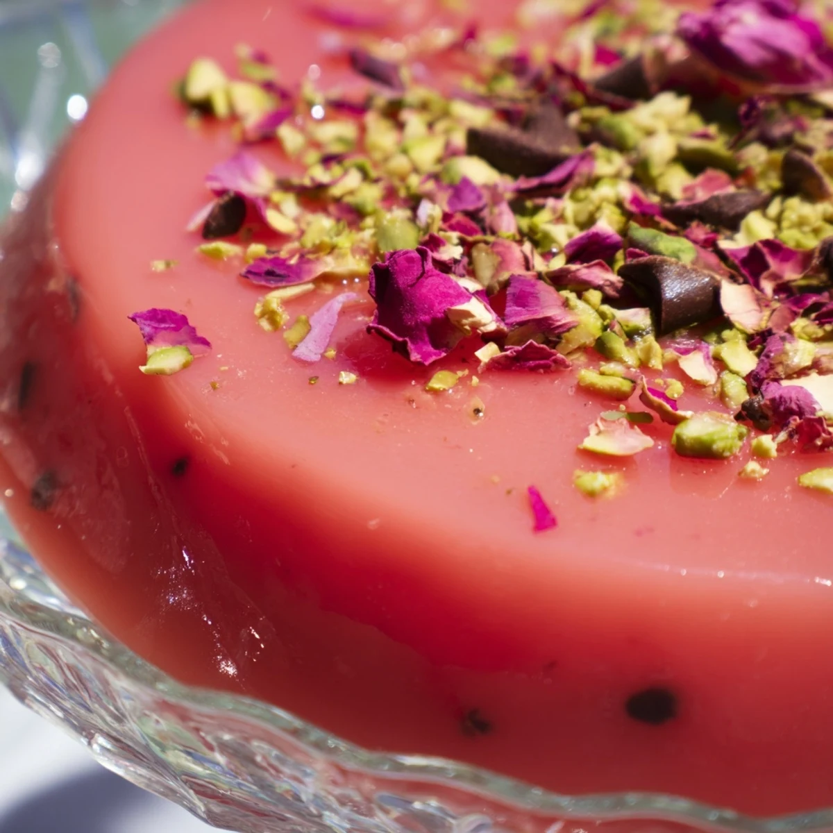 Refreshing watermelon pudding topped with nuts and chocolate in elegant individual serving glasses