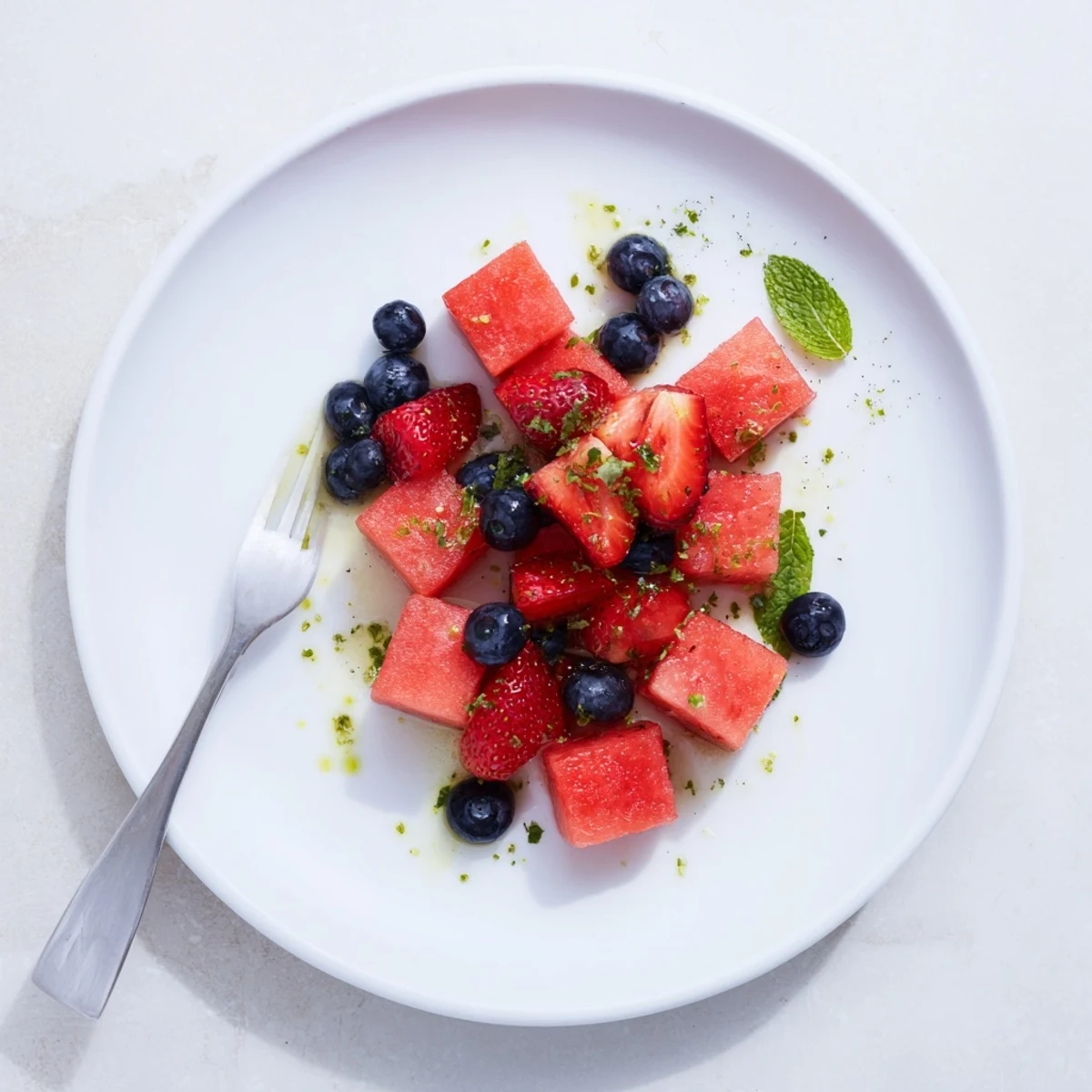 Fresh watermelon fruit salad bowl with strawberries, blueberries, mint and lime zest garnish
