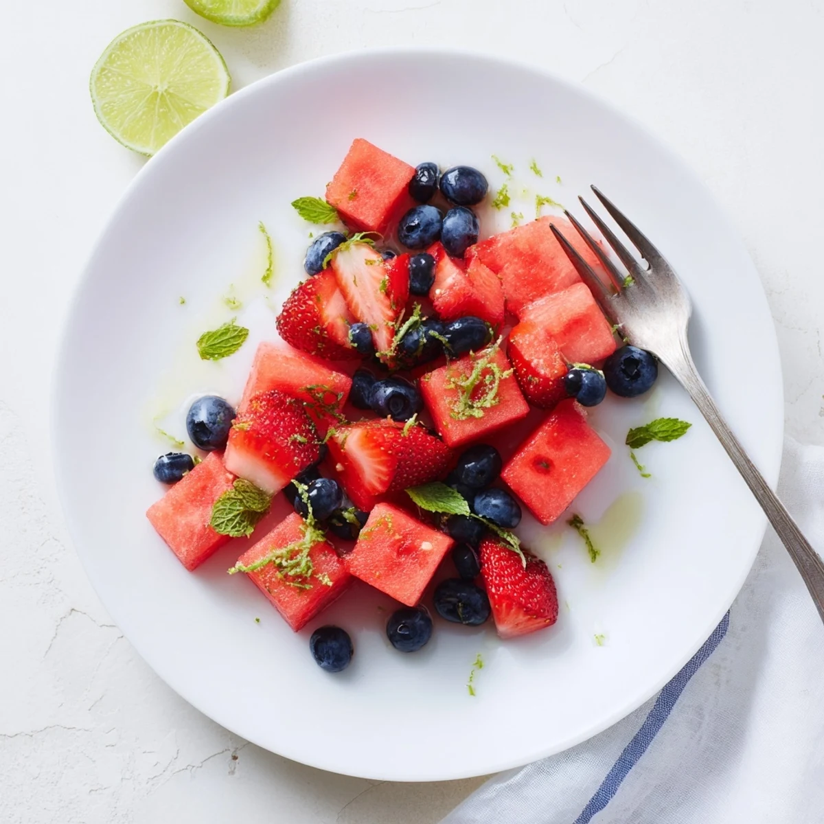Refreshing summer watermelon recipe with colorful berries, citrus dressing and chopped mint leaves