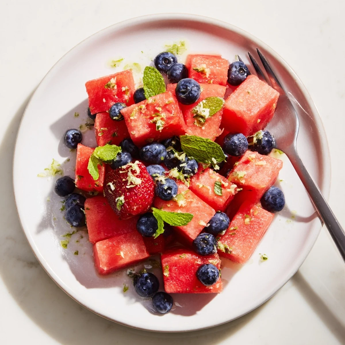 Sweet watermelon fruit mix with fresh mint, lime, and berries in white serving bowl
