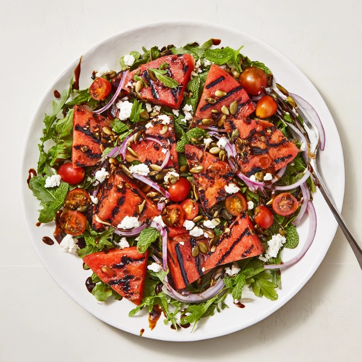 Colorful grilled watermelon salad with balsamic dressing, feta crumbles, and fresh mint leaves