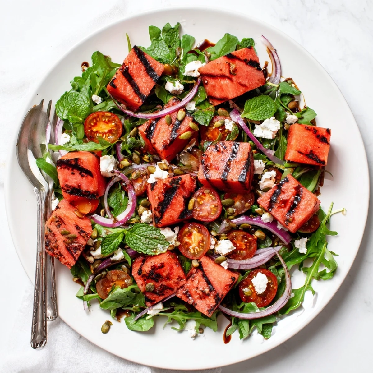 Summer salad bowl featuring charred watermelon chunks, cherry tomatoes, arugula, and tangy balsamic glaze