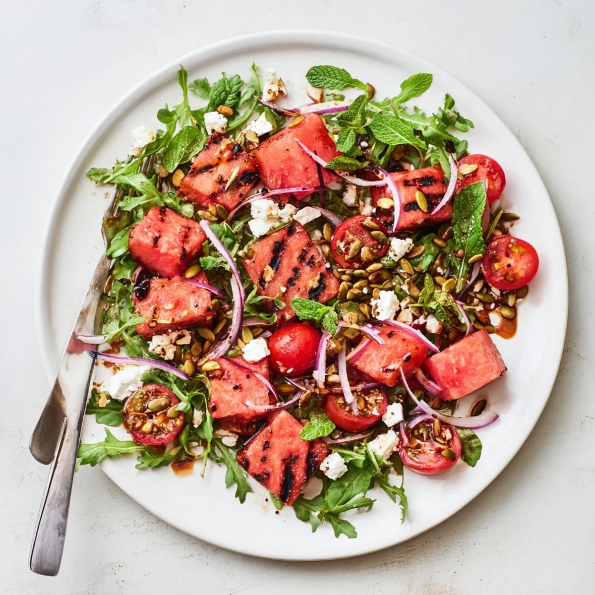 Refreshing grilled watermelon salad topped with creamy feta cheese and aromatic fresh mint on white plate