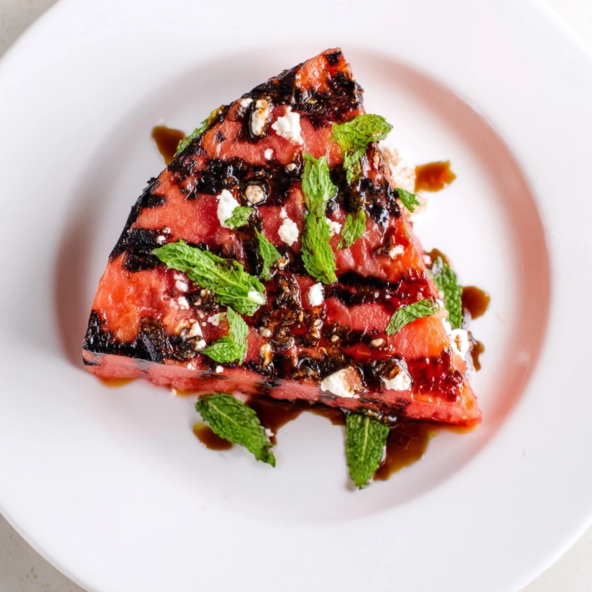 Thick grilled watermelon steak with charred grill marks topped with fresh mint and flaky salt