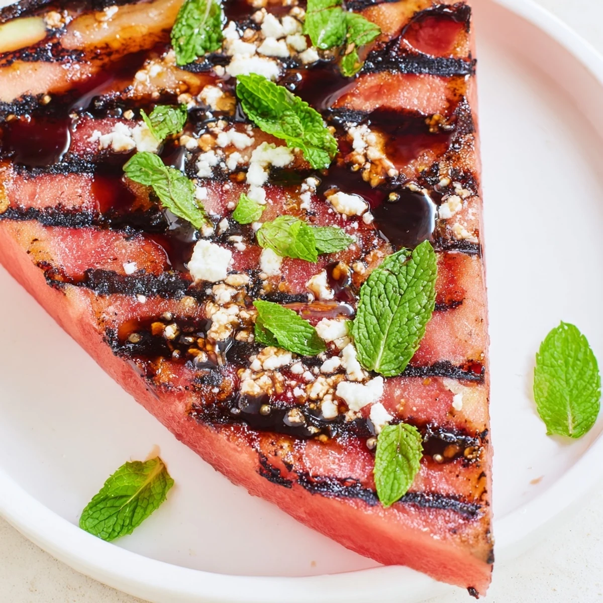 Juicy watermelon steak recipe featuring caramelized slices with balsamic glaze and vegan feta garnish