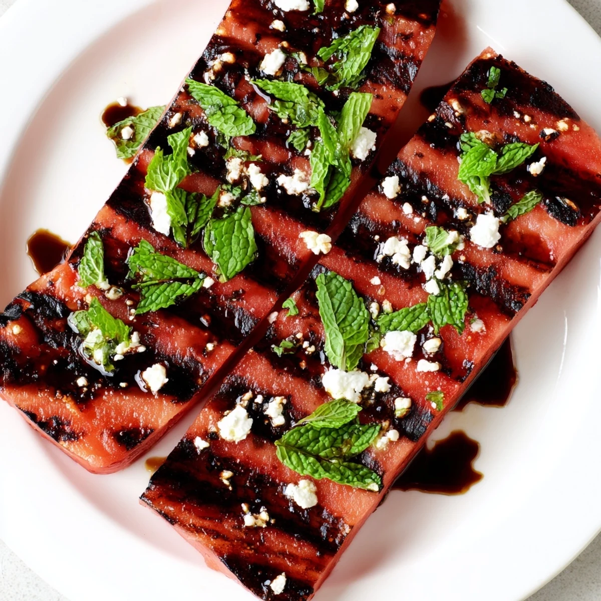 Savory grilled watermelon steak seasoned with smoked paprika and lime on a white serving plate