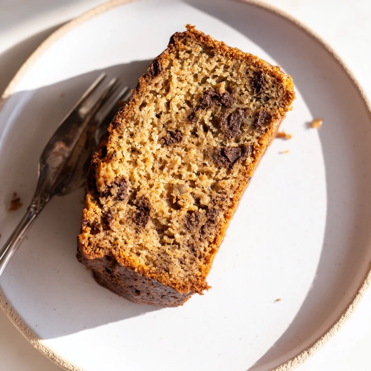 Golden brown protein banana bread loaf sliced on a wooden cutting board with walnuts