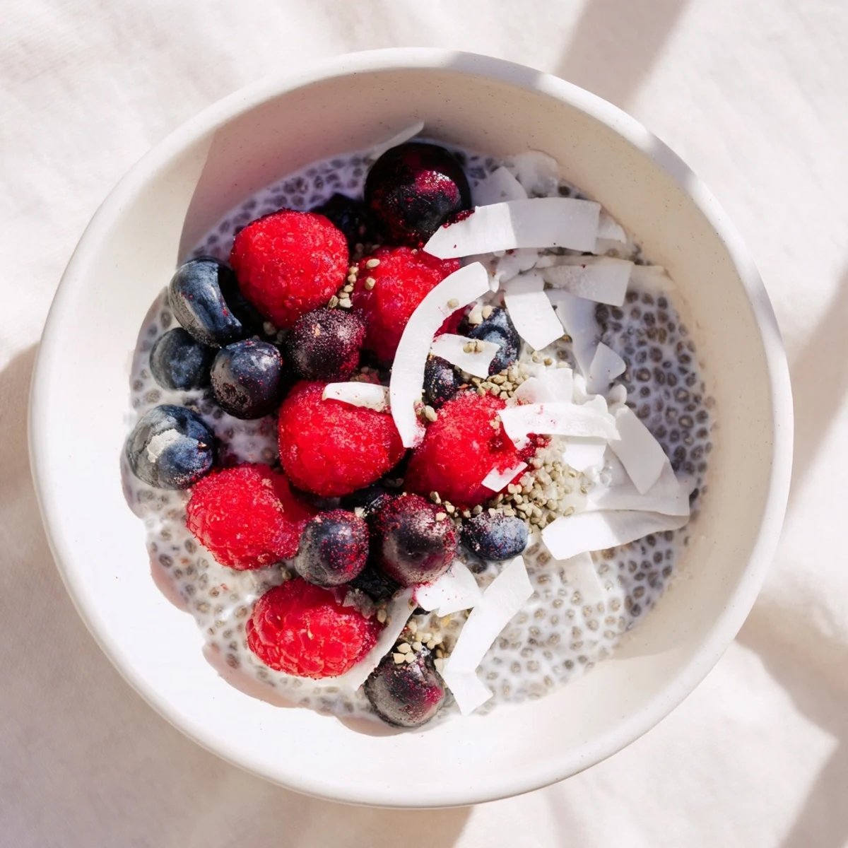Creamy chia pudding recipes topped with fresh berries and coconut in glass jars