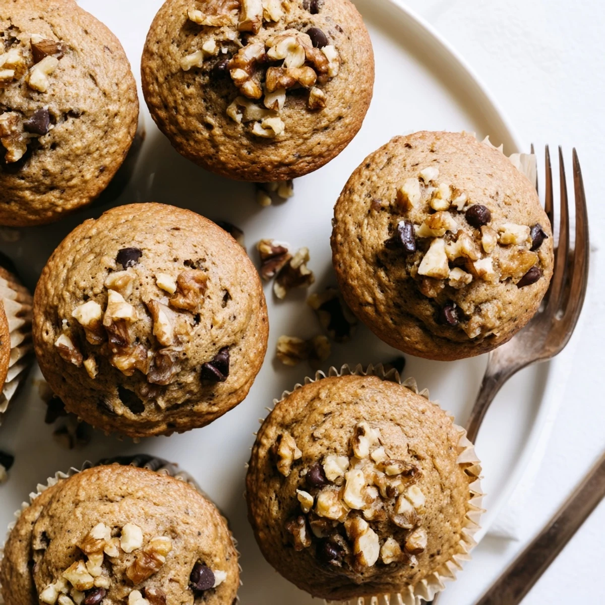 Freshly baked whole grain healthy banana nut muffins with visible banana pieces and crunchy nut texture