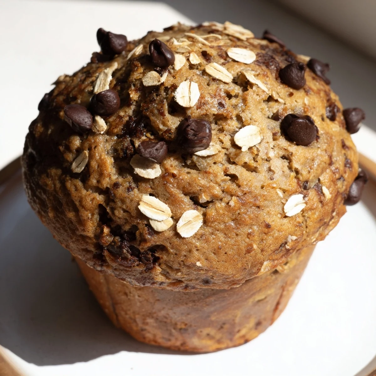 Warm homemade banana chocolate chip muffins with oats sprinkled on top for breakfast treat